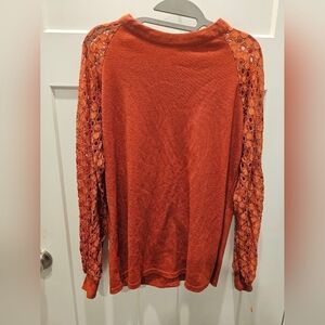 Miholl Rust Orange Waffle Knit Lace Sleeve Top Size M Boho Casual